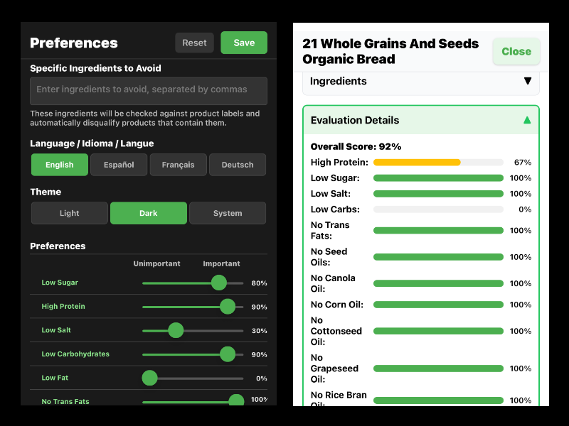 Preferences screen