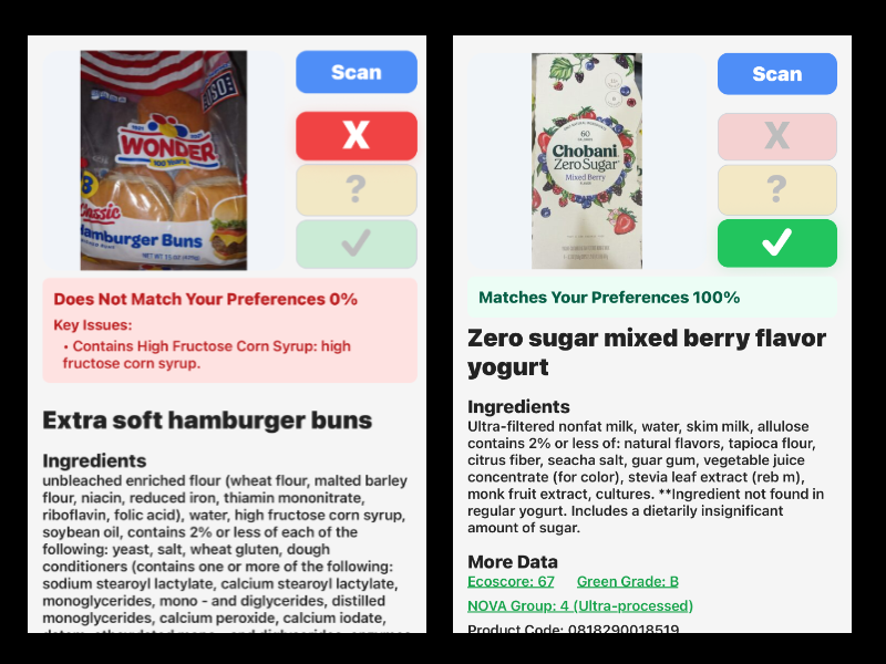Product results screen